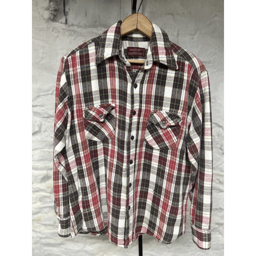 Sears Kingsport Fall Plaid Black Red Thick Cotton Flannel Shirt Jacket Vintage